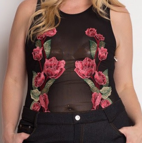 Tops - Floral embroidery mesh bodysuit plus size